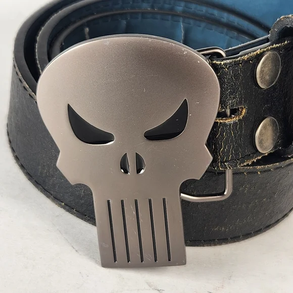 MARVEL Men's Belt Large Black Skull Vera Pelle Leather 36 - 38 Inch Grunge Goth - Picture 2 of 8